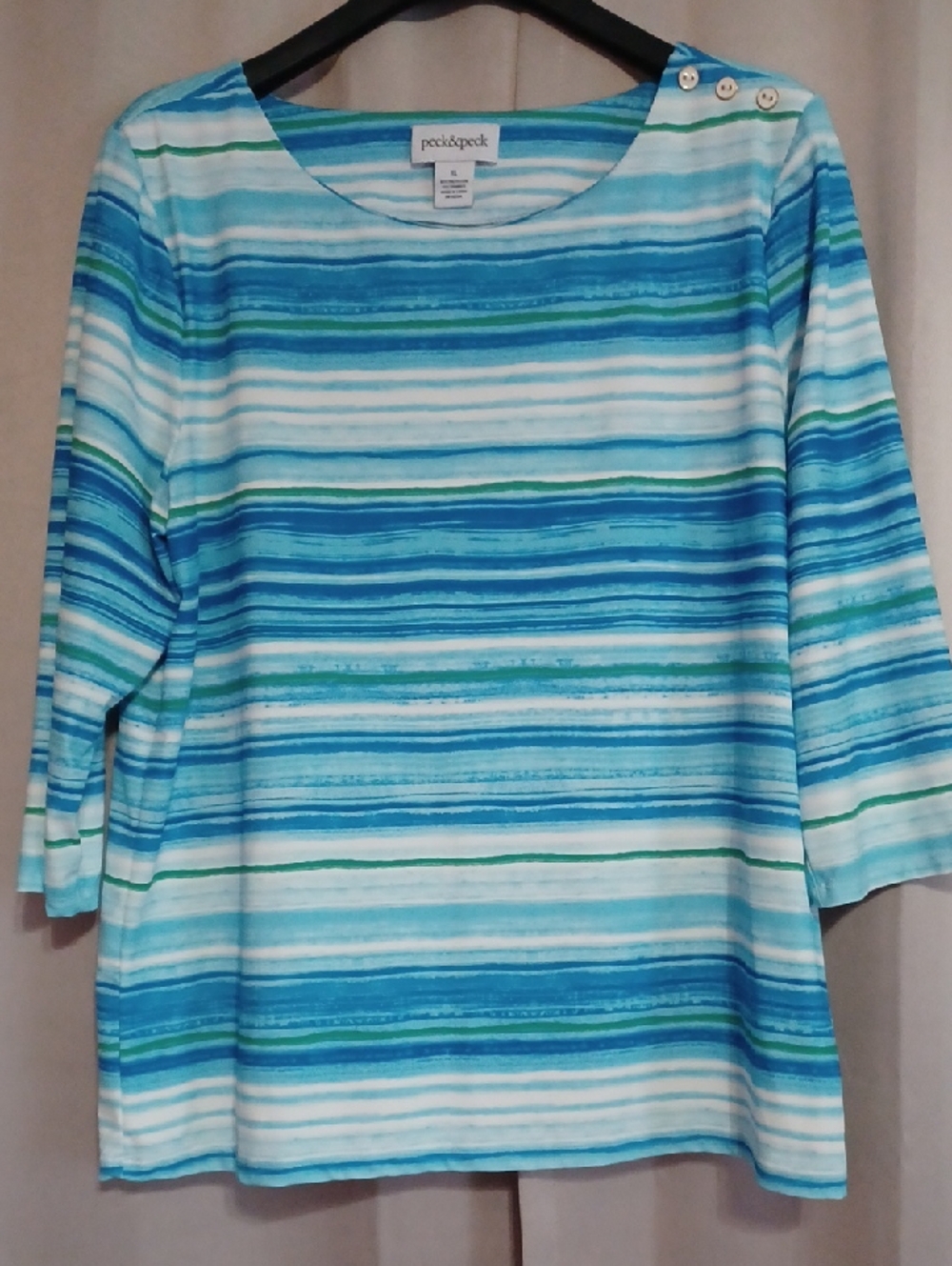 Peck & Peck Blue White Striped Top Button Detail Neck 3/4 Sleeves Stretch